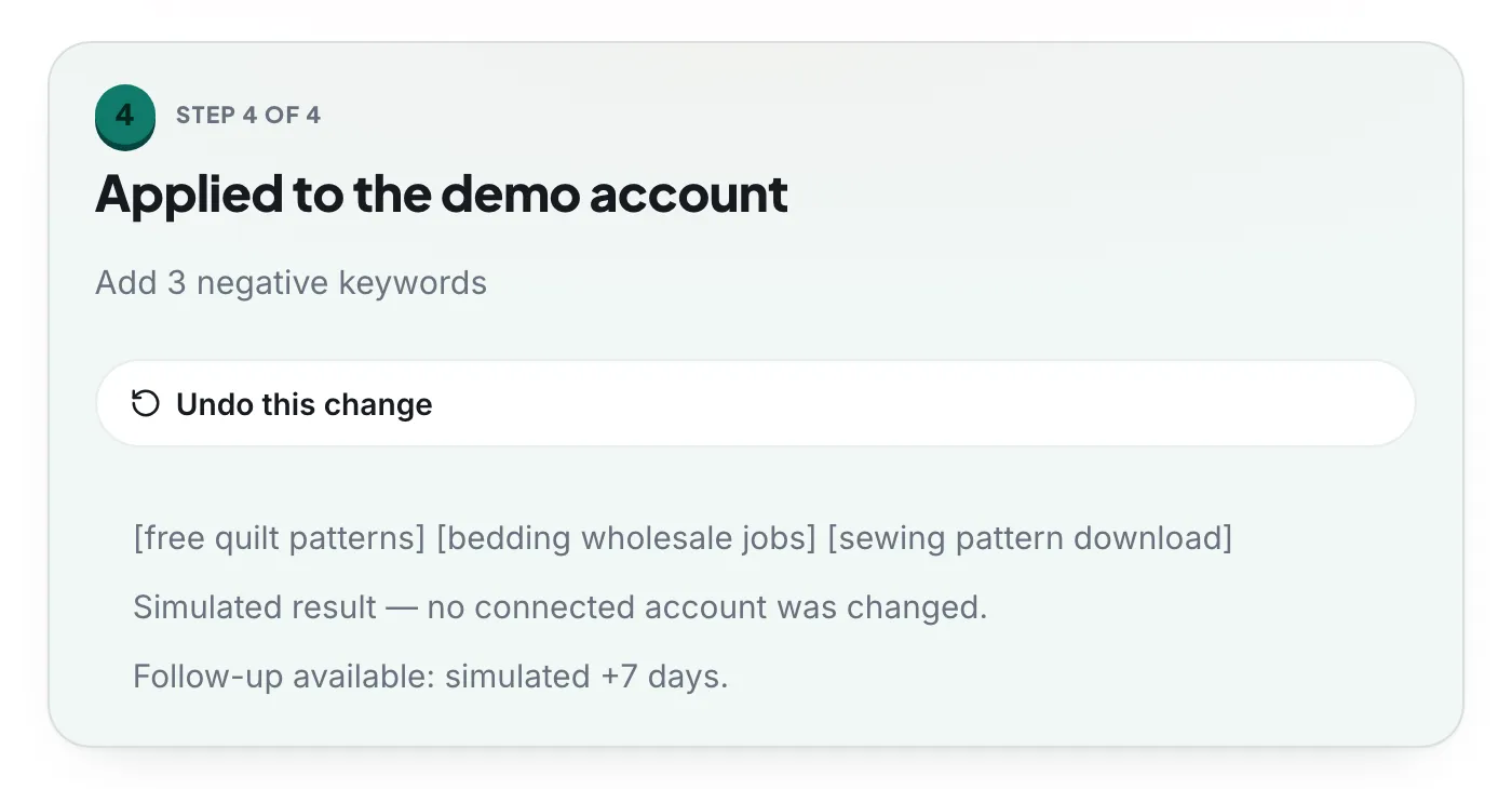 A Boxoo case after the fix was applied to the demo account, with an Undo this change button and the three negative keywords that were added
