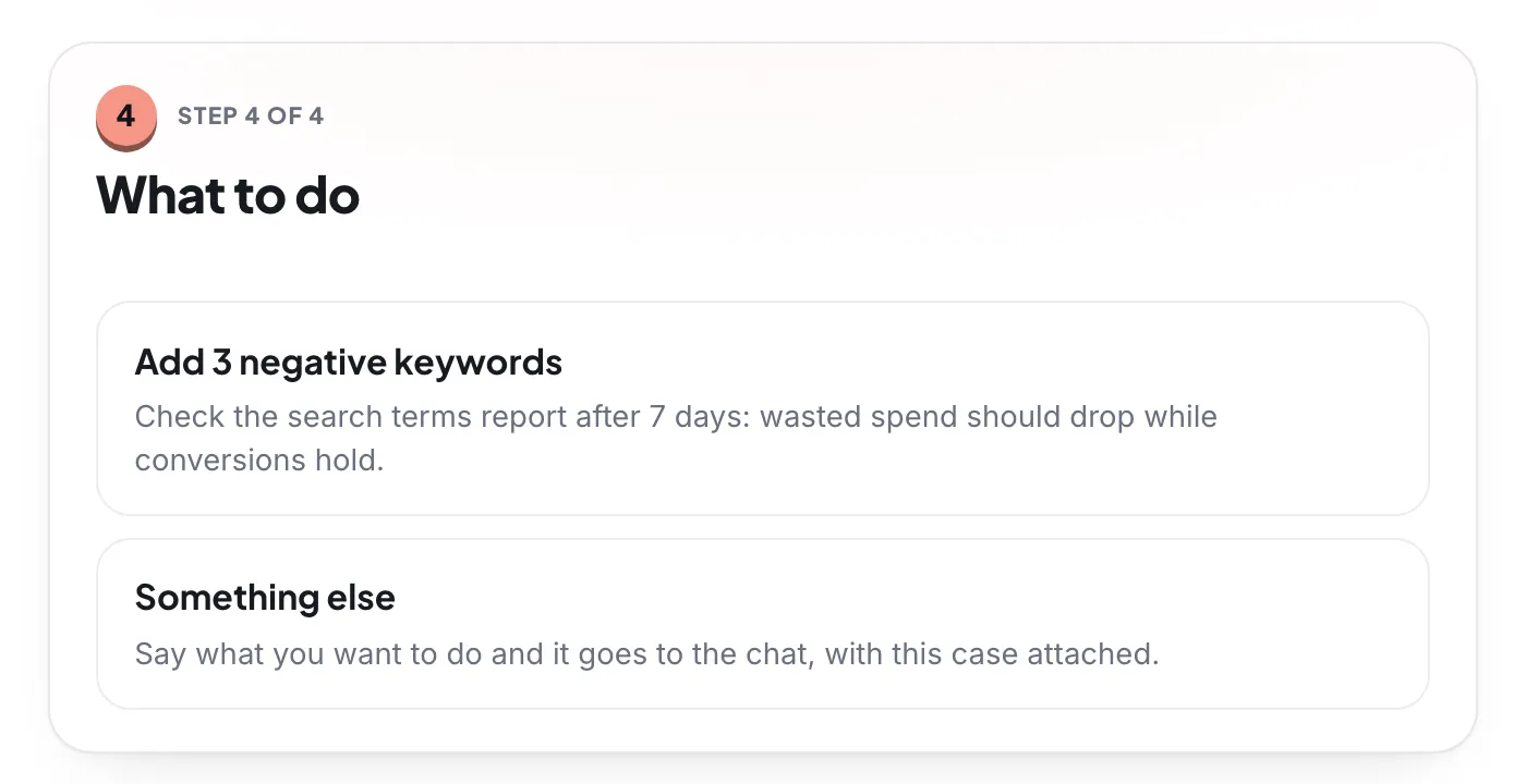 A Boxoo case step titled What to do, offering Add 3 negative keywords or Something else