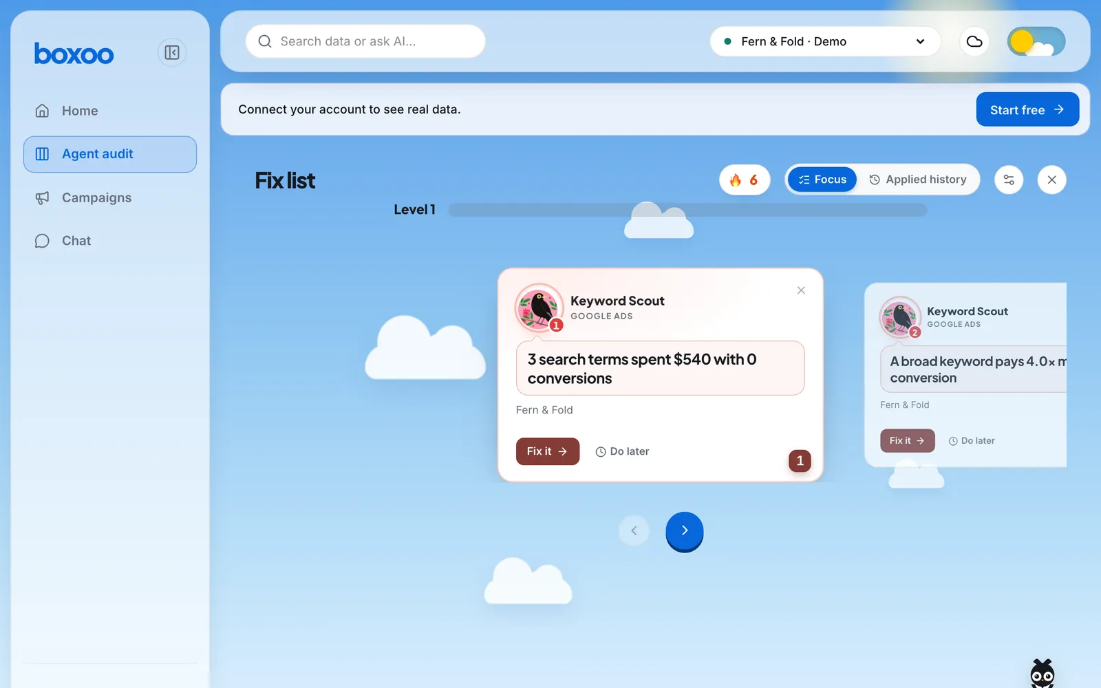 Boxoo's Fix list with Level 1 open, showing case cards such as 3 search terms spent $540 with 0 conversions, each with Fix it and Do later buttons